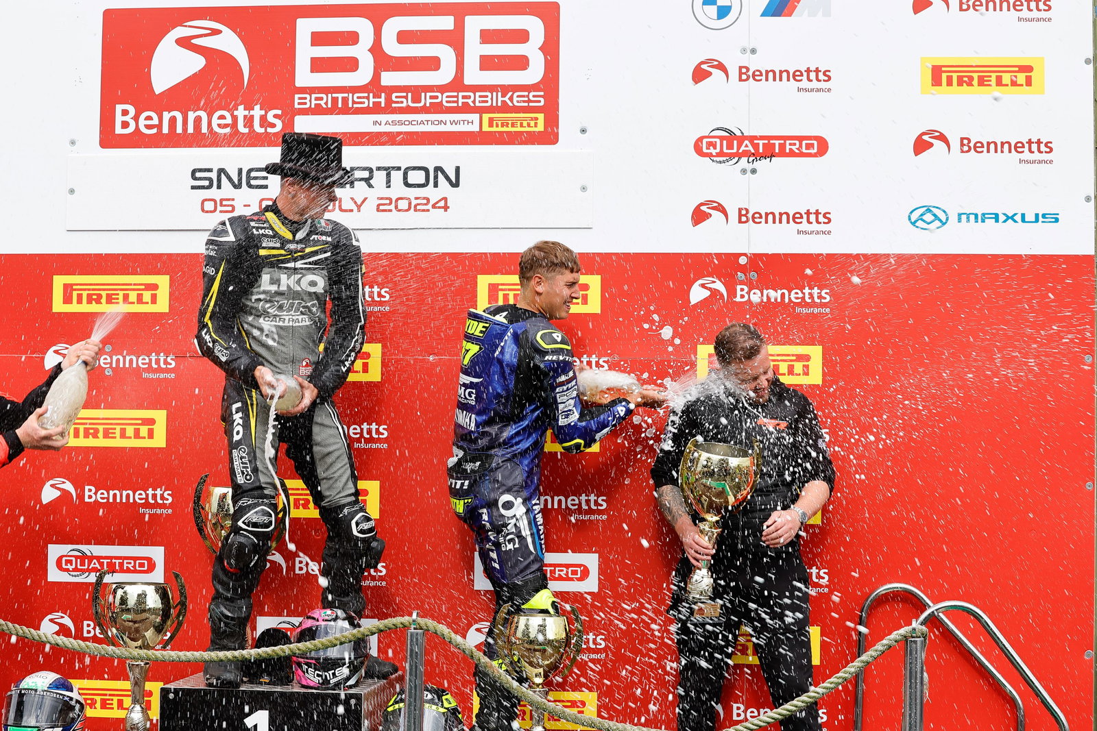 Kyle Ryde, Storm Stacey and Lewis Rollo, Race one podium, Snetterton, BSB, 2024, 6 July
